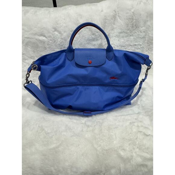 Longchamp Le Pliage Expandable Travel Bag – Blue Nylon with Leather Trim - Picture 1 of 8
